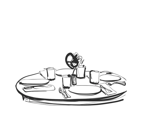 Mesa de comedor con copas de vino y flor, boceto dibujado a mano — Vector de stock