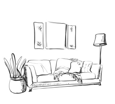 Çağdaş iç mekan el çizimi vektör illüstrasyonu.