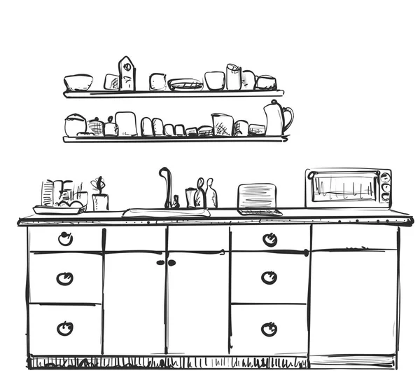 Kitchen furniture sketch. Hand drawn cupboard. — Stock Vector