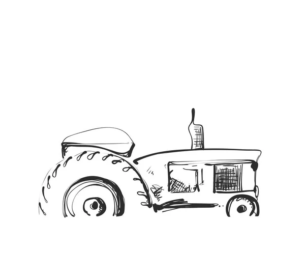 Sketsa traktor. Logo pertanian kartun. Simbol pertanian - Stok Vektor