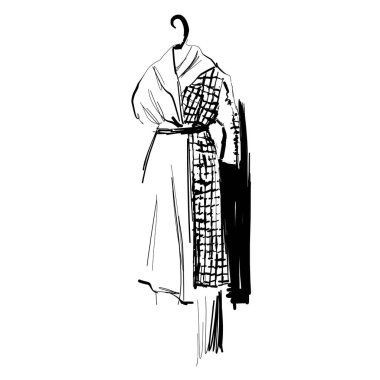 El çizimi gardırop çizimi. Elbiseler askılarda. Giyin.