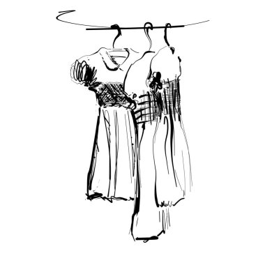 Askıda giyin. Kostüm çizimi. El çizimi moda.