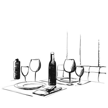 El yapımı mallar. İki kişilik romantik bir yemek. Cam çizim.