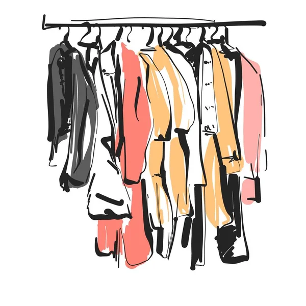 Kleding schets. Kleding aan de hangers. Jas en jurk — Stockvector