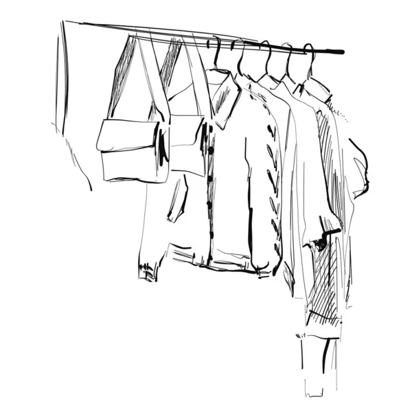 Kleding schets. Kleding aan de hangers. Jas en jurk — Stockvector