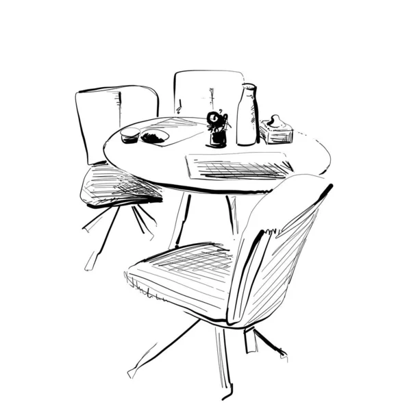 Interior de café dibujado a mano. Bosquejo de mesa y silla — Vector de stock