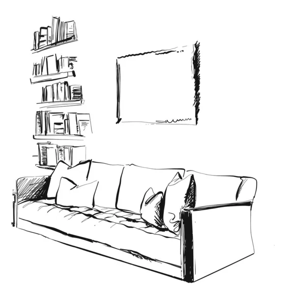 Intérieur de la chambre, avec canapé et étagères. Esquisse de chambre — Image vectorielle