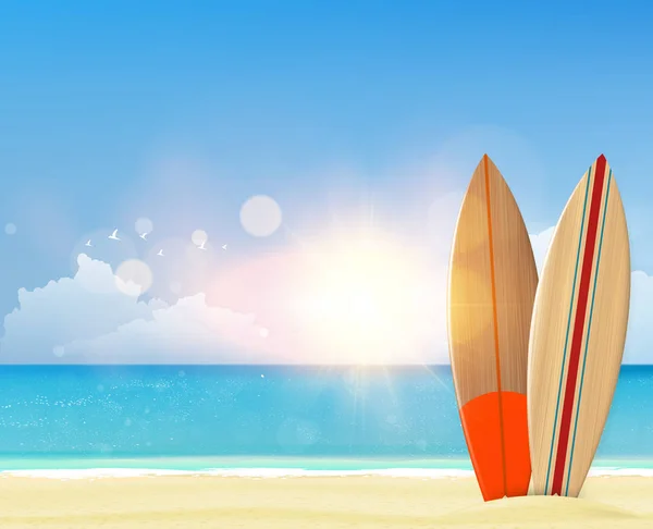 Playa de arena con tablas de surf — Vector de stock