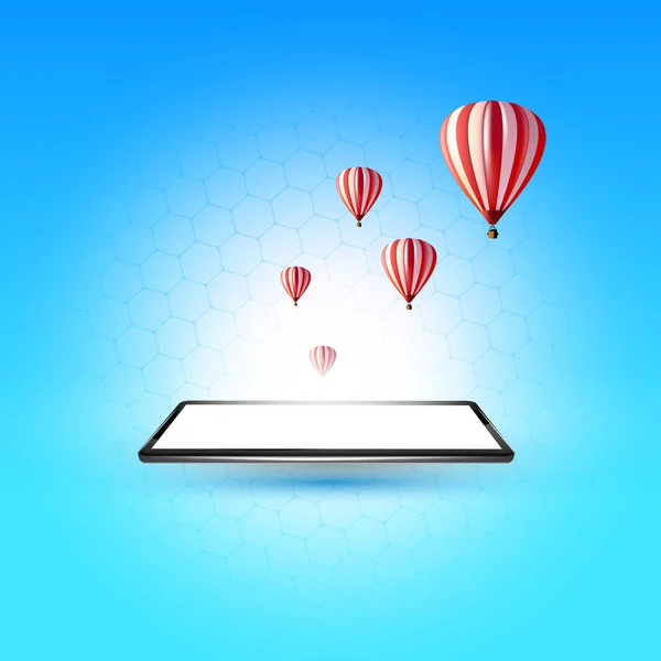 Tablet PC con globos de aire voladores — Vector de stock