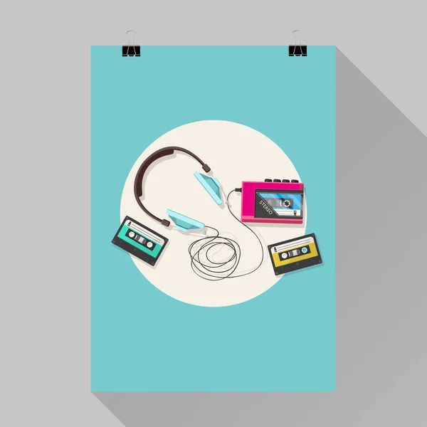Cassette tape player and headphone — Stock Vector