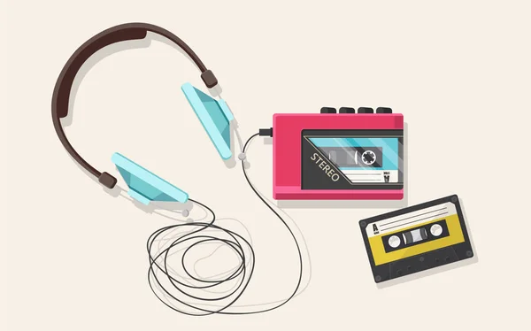 Hoofdtelefoons en cassette speler — Stockvector