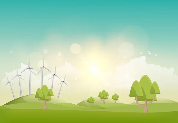 녹색 초원에 있는 풍력 터빈 — 스톡 벡터