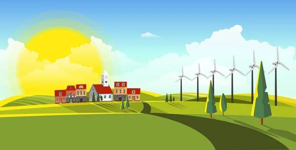 Mooi landschap met eco windturbines — Stockvector