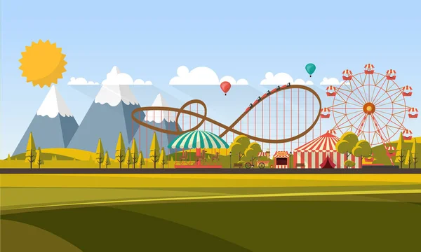 Ilustración plana del parque de atracciones — Vector de stock