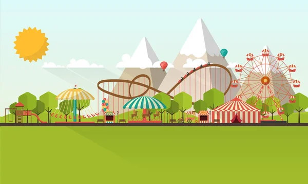 Ilustración plana del parque de atracciones — Vector de stock