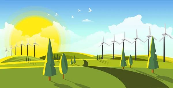 Mooi landschap met eco windturbines — Stockvector