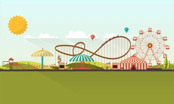 Ilustración plana del parque de atracciones — Vector de stock