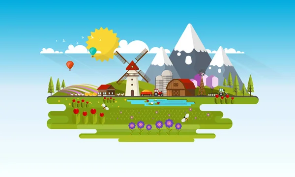 Paisaje de Spring Mountain Village — Vector de stock