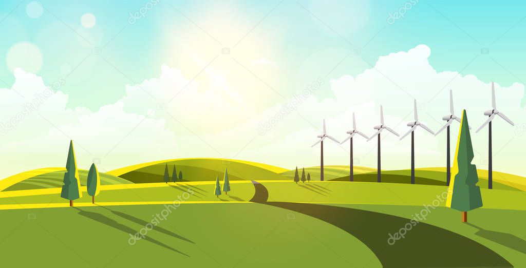Beautiful landscape with eco windturbines