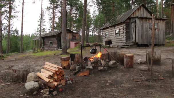 Chaleira sobre fogueira perto de cabana na floresta — Vídeo de Stock