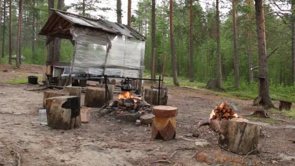 Kamp ateşi yakınındaki Ormanda Çardak — Stok video
