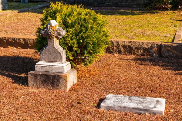 Kleine grafstenen en bush close-up op Oakland kerkhof, Atlanta, Usa — Stockfoto