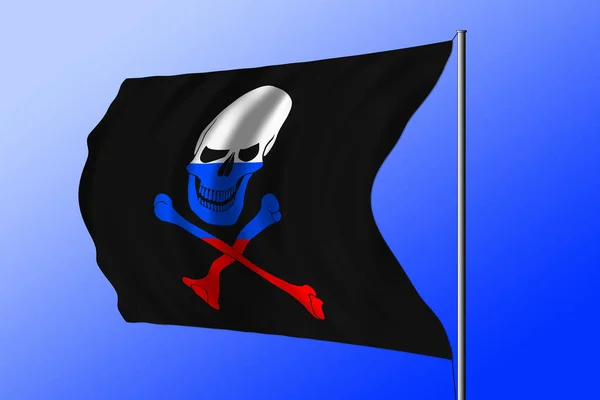 Lambaikan bendera bajak laut dikombinasikan dengan bendera Rusia — Stok Foto