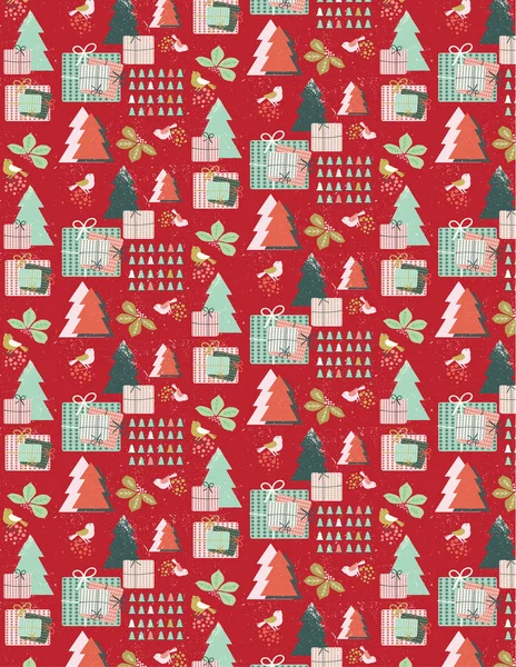 Capriccioso motivo natalizio senza cuciture festivo presenta la trama bianca della neve, disegnata a mano didgital di motivi, colomba, pini natalizi, regali, regalo, bacca , — Vettoriale Stock