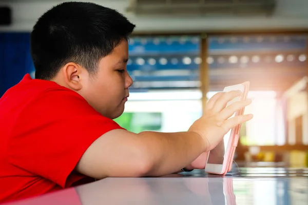 Asian Child Boy Addictive Playing Tablet Mobile Phones Game Addiction — Stock Photo, Image