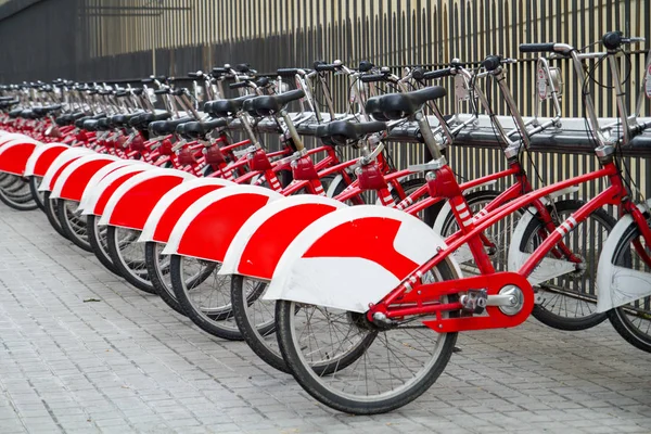 Alugar uma bicicleta na cidade, bicicletas para alugar — Fotografia de Stock
