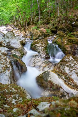 Kayaların arasında Alp nehri akıntısı, uzun pozlu fotoğraf