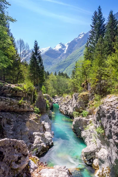 Güzel nehir kanyonu, Trenta Vadisi, Slovenya 'daki Büyük Soca vadisi, yavaş deklanşör hızı, uzun pozlu fotoğraf