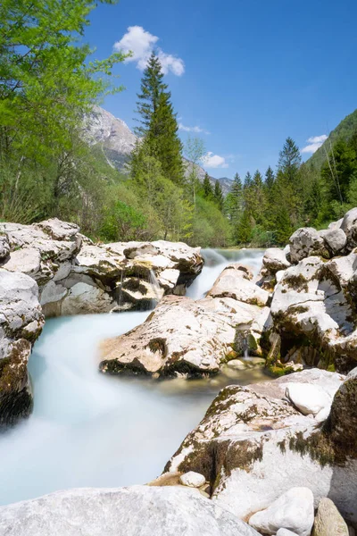 Slovenya Trenta Vadisi Ndeki Küçük Soca Vadisi Nehir Akıntısının Uzun — Stok fotoğraf