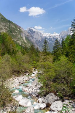 Soca river in Bovec, Alpine valley in Slovenian Alps