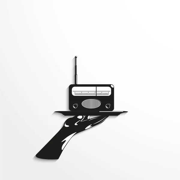 Una vieja radio en una bandeja. Ilustración vectorial. Vista en blanco y negro . — Vector de stock