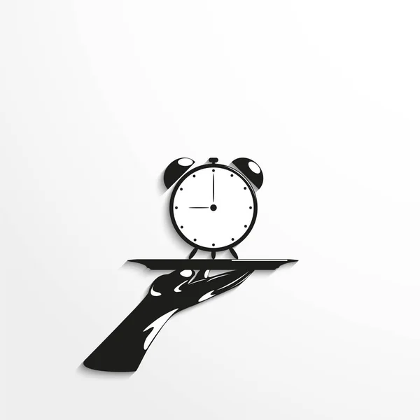 Reloj despertador en una bandeja. Ilustración vectorial. Vista en blanco y negro . — Archivo Imágenes Vectoriales