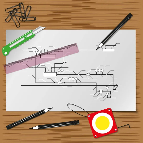 Dibujo a lápiz en una hoja de papel en el escritorio del artista. Ilustración vectorial . — Archivo Imágenes Vectoriales