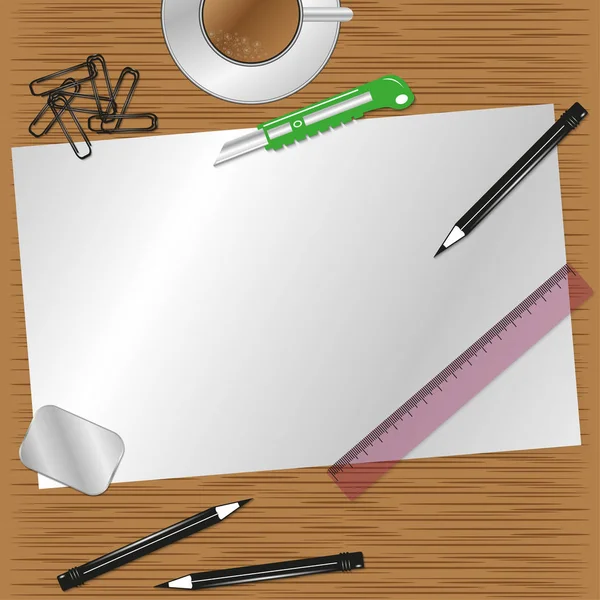 Hoja de papel en blanco en el escritorio del artista. Ilustración vectorial . — Vector de stock