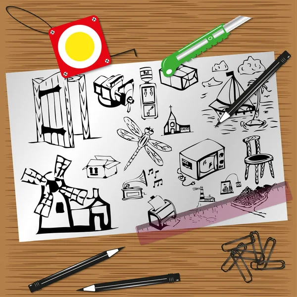 Rysunek na kartce papieru na pulpicie artysty ołówkiem. Ilustracja wektorowa. — Wektor stockowy