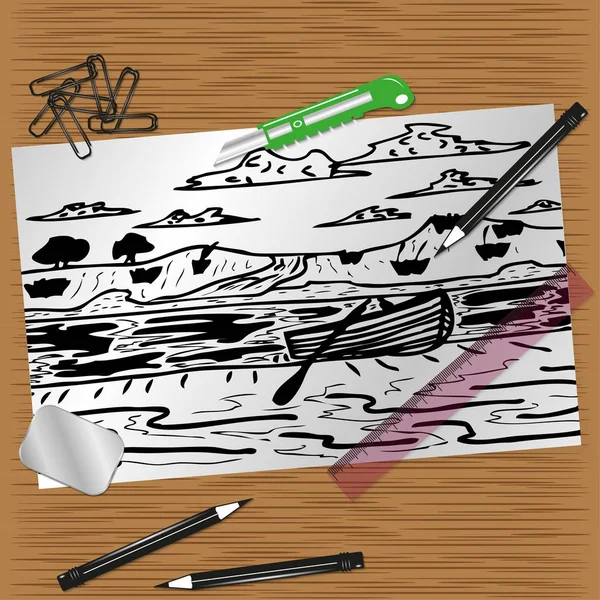 Tužka na kreslení na list papíru na pracovní ploše umělce. Vektorové ilustrace. — Stockový vektor