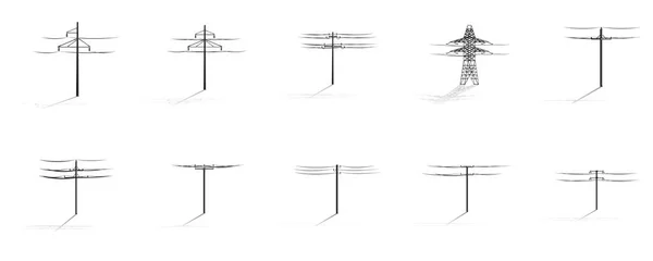 Lines of power poles with wires. Set. Vector illustration. — Stock Vector