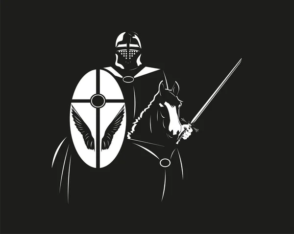 Ein Ritter in Rüstung mit Schild und Schwert auf einem Pferd. Vektorillustration im Stil von Schwarz-Weiß-Grafiken. — Stockvektor