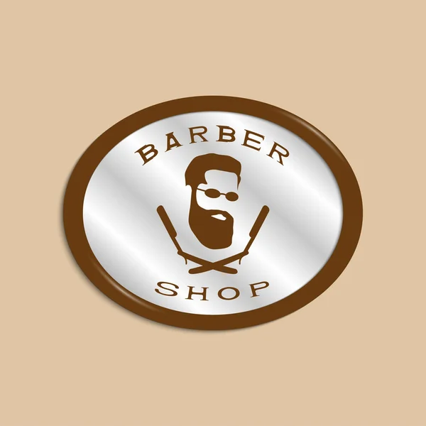 Uma ilustração vetorial representando o rosto de um homem com barba e óculos sobre duas lâminas cruzadas. Logotipo do cabeleireiro masculino . — Vetor de Stock