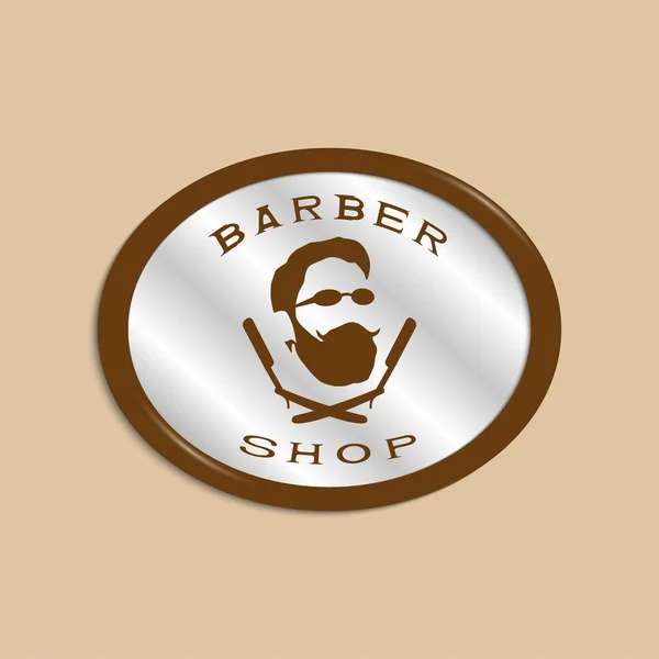 Een vectorillustratie beeltenis van iemands gezicht met een baard en glazen over twee gekruiste scheerapparaten. Logo van de mannen Kapper. — Stockvector