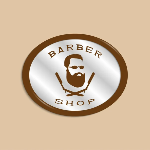 Una ilustración vectorial que representa la cara de un hombre con barba y gafas sobre dos navajas cruzadas. Logo de la peluquería de los hombres . — Vector de stock