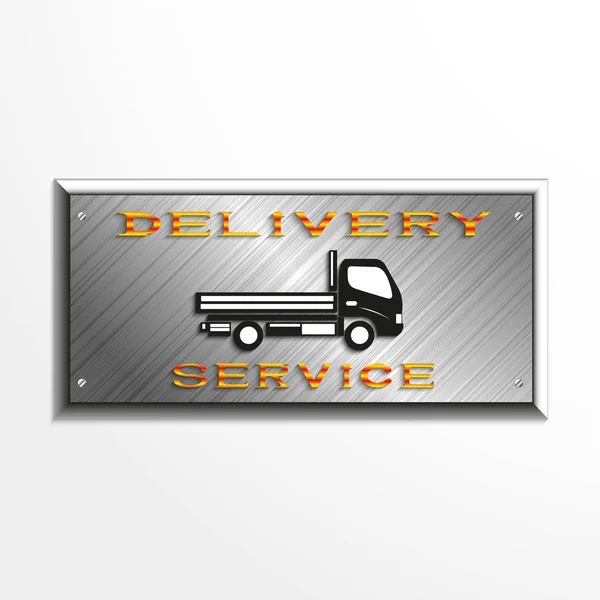 Placa de metal com a inscrição "serviço de entrega" e a imagem do carro. Ilustração vetorial . — Vetor de Stock