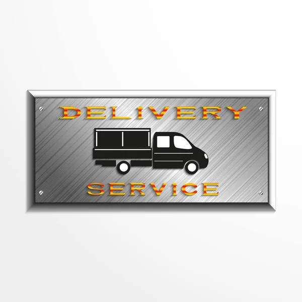 Placa de metal con la inscripción "delivery service" y la imagen del coche. Ilustración vectorial . — Vector de stock