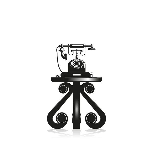 Vieux téléphone sur une table décorative. Illustration vectorielle noir et blanc . — Image vectorielle