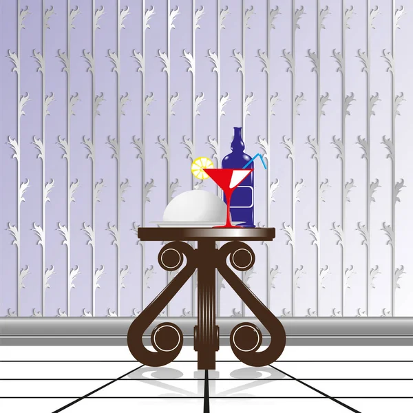 Esstisch Komposition auf einem dekorativen Tisch, vor dem Hintergrund der Tapete mit dekorativen Weben. Vektorillustration. — Stockvektor