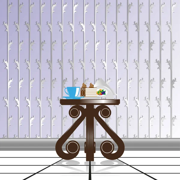 Esstisch Komposition auf einem dekorativen Tisch, vor dem Hintergrund der Tapete mit dekorativen Weben. Vektorillustration. — Stockvektor